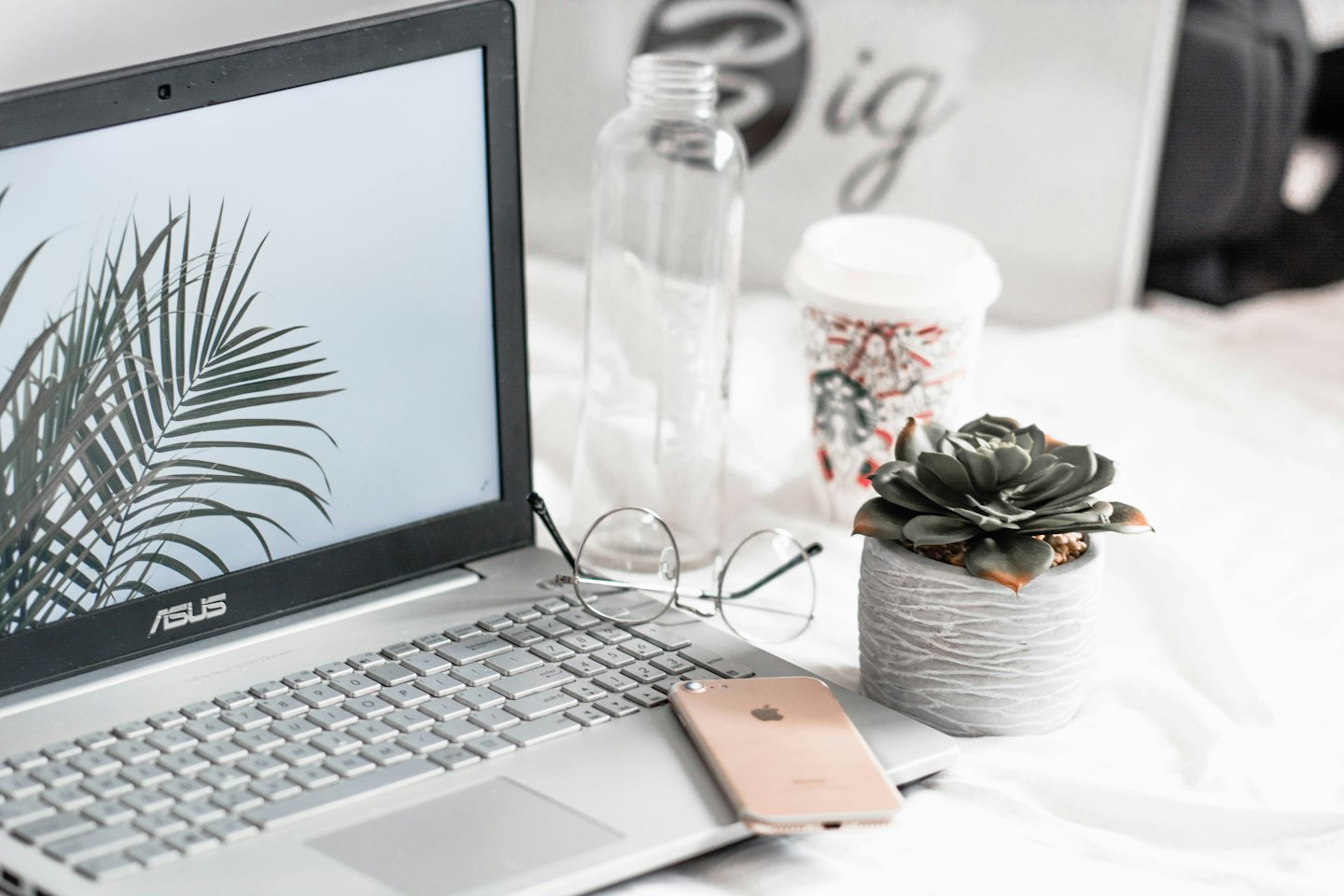 Laptop, phone, glasses, and succulent on a white desk.
